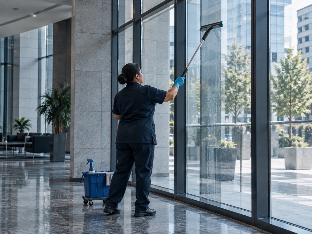 Personal de aseo limpiando el hall de un edificio corporativo